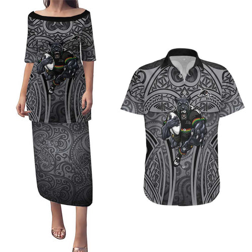 Penrith Panthers Rugby Couples Matching Puletasi and Hawaiian Shirt Polynesian Tribal Panther Warrior Black Grey Pattern