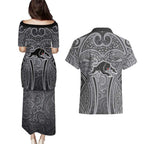 Penrith Panthers Rugby Couples Matching Puletasi and Hawaiian Shirt Polynesian Tribal Panther Warrior Black Grey Pattern