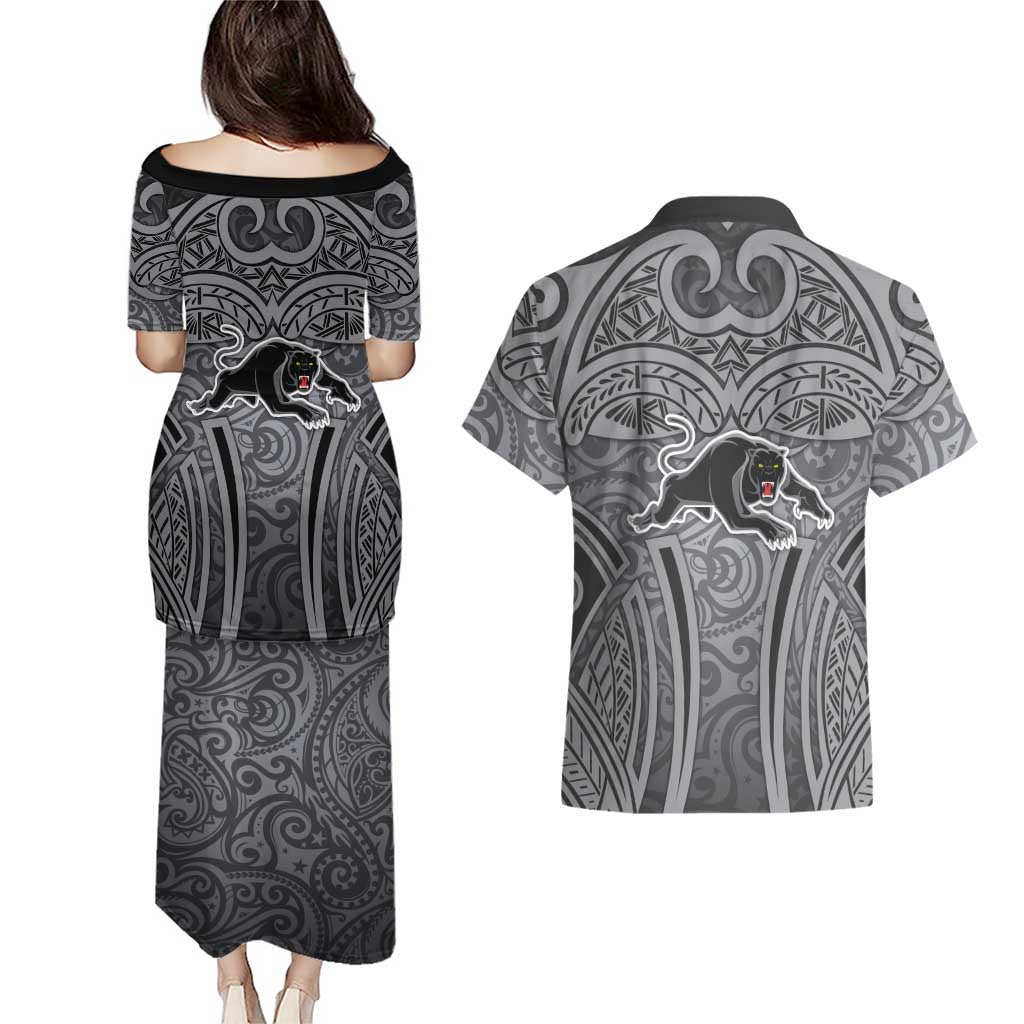 Penrith Panthers Rugby Couples Matching Puletasi and Hawaiian Shirt Polynesian Tribal Panther Warrior Black Grey Pattern