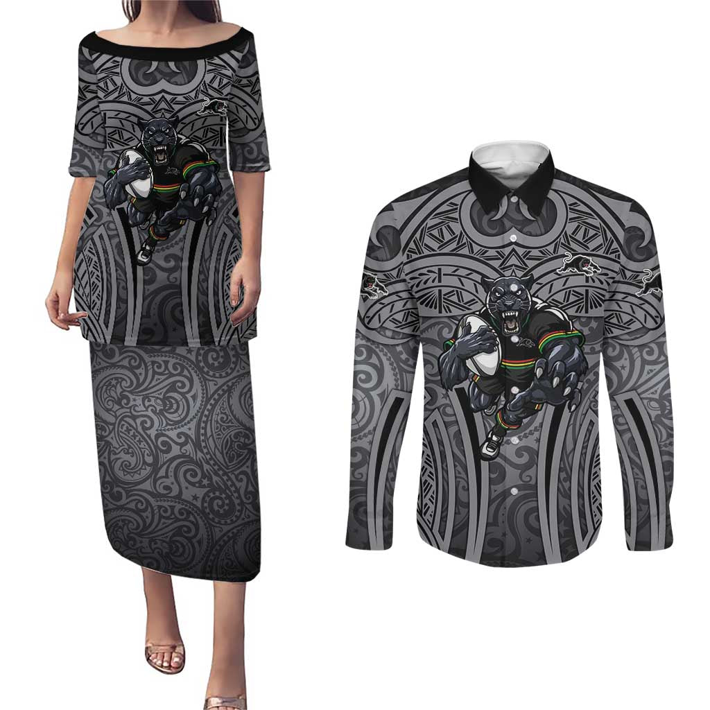 Penrith Panthers Rugby Couples Matching Puletasi and Long Sleeve Button Shirt Polynesian Tribal Panther Warrior Black Grey Pattern