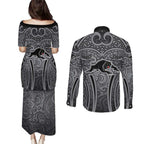 Penrith Panthers Rugby Couples Matching Puletasi and Long Sleeve Button Shirt Polynesian Tribal Panther Warrior Black Grey Pattern