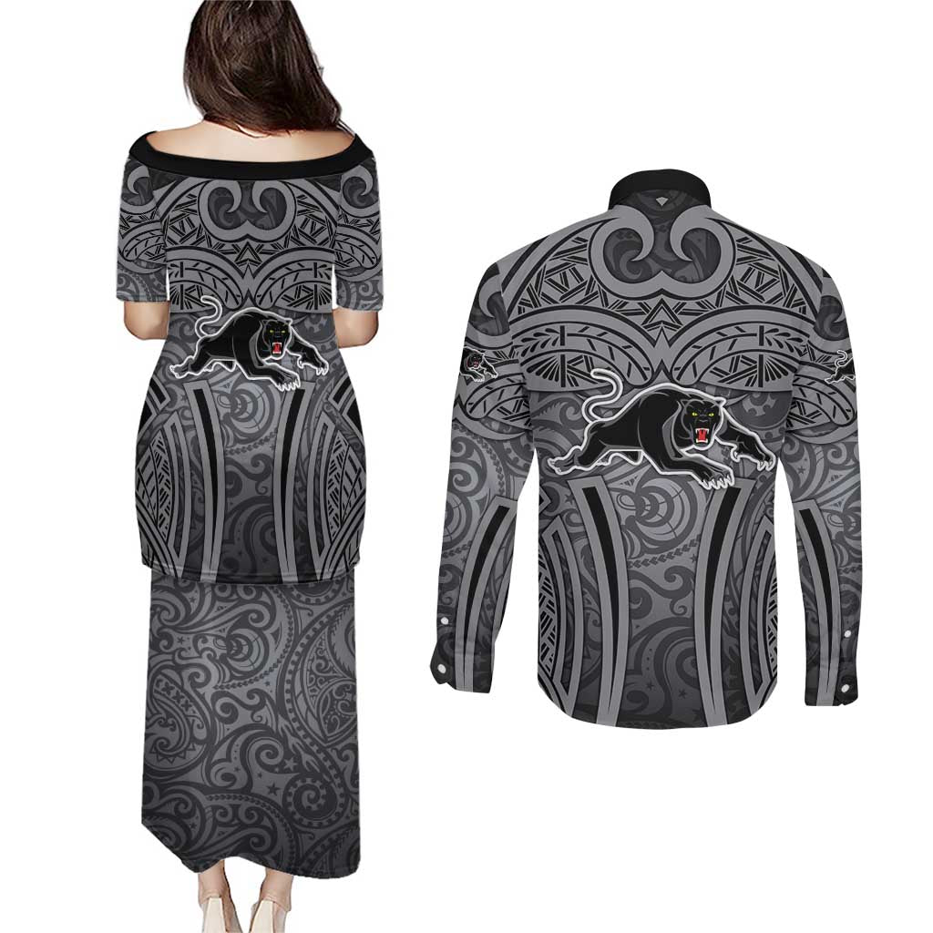 Penrith Panthers Rugby Couples Matching Puletasi and Long Sleeve Button Shirt Polynesian Tribal Panther Warrior Black Grey Pattern