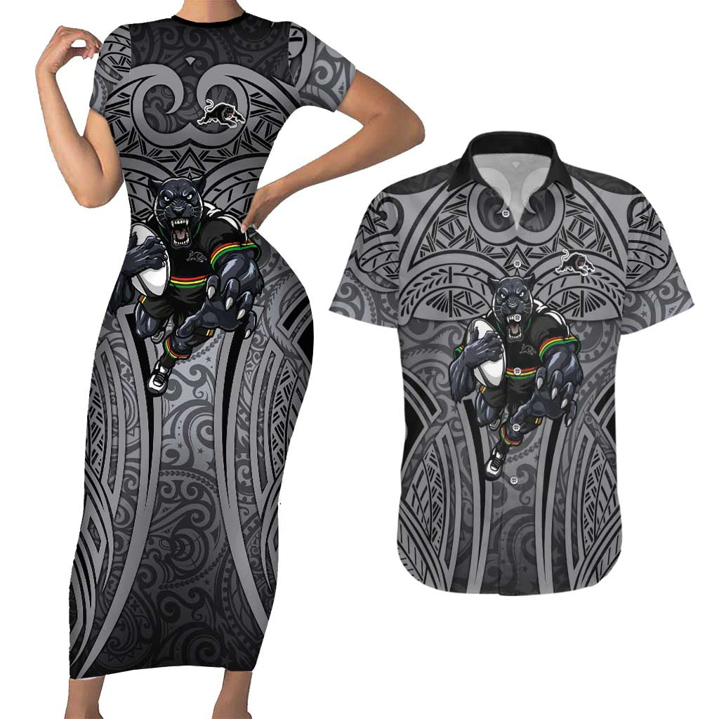 Penrith Panthers Rugby Couples Matching Short Sleeve Bodycon Dress and Hawaiian Shirt Polynesian Tribal Panther Warrior Black Grey Pattern