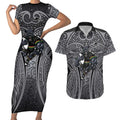 Penrith Panthers Rugby Couples Matching Short Sleeve Bodycon Dress and Hawaiian Shirt Polynesian Tribal Panther Warrior Black Grey Pattern