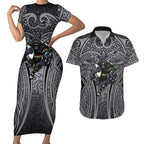 Penrith Panthers Rugby Couples Matching Short Sleeve Bodycon Dress and Hawaiian Shirt Polynesian Tribal Panther Warrior Black Grey Pattern