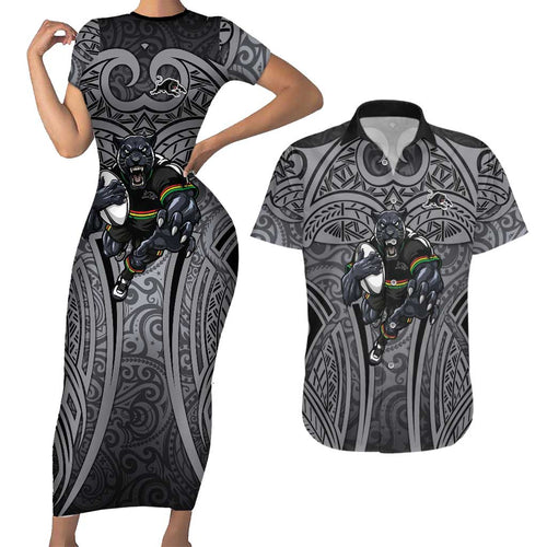 Penrith Panthers Rugby Couples Matching Short Sleeve Bodycon Dress and Hawaiian Shirt Polynesian Tribal Panther Warrior Black Grey Pattern