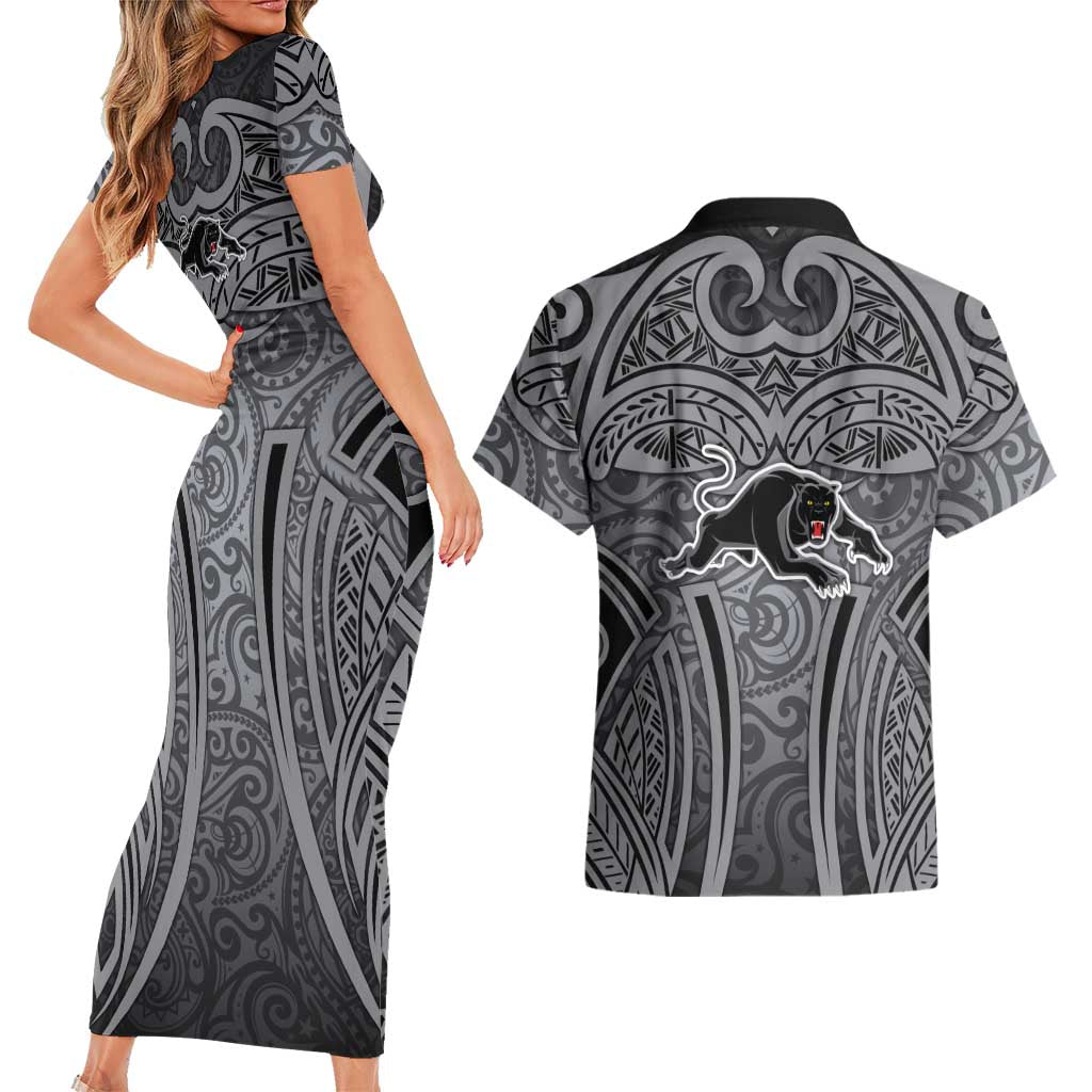 Penrith Panthers Rugby Couples Matching Short Sleeve Bodycon Dress and Hawaiian Shirt Polynesian Tribal Panther Warrior Black Grey Pattern