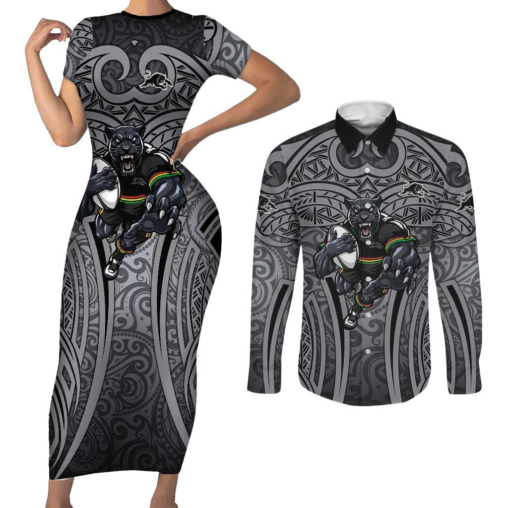 Penrith Panthers Rugby Couples Matching Short Sleeve Bodycon Dress and Long Sleeve Button Shirt Polynesian Tribal Panther Warrior Black Grey Pattern