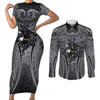 Penrith Panthers Rugby Couples Matching Short Sleeve Bodycon Dress and Long Sleeve Button Shirt Polynesian Tribal Panther Warrior Black Grey Pattern