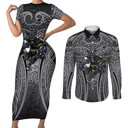 Penrith Panthers Rugby Couples Matching Short Sleeve Bodycon Dress and Long Sleeve Button Shirt Polynesian Tribal Panther Warrior Black Grey Pattern