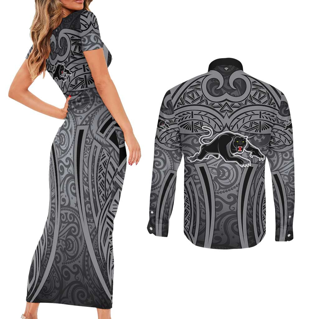 Penrith Panthers Rugby Couples Matching Short Sleeve Bodycon Dress and Long Sleeve Button Shirt Polynesian Tribal Panther Warrior Black Grey Pattern