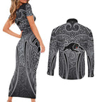 Penrith Panthers Rugby Couples Matching Short Sleeve Bodycon Dress and Long Sleeve Button Shirt Polynesian Tribal Panther Warrior Black Grey Pattern