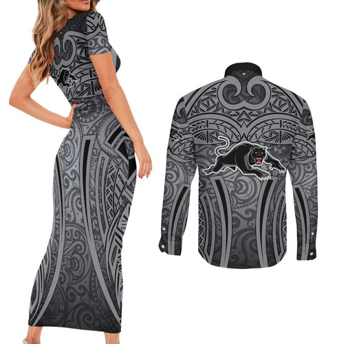Penrith Panthers Rugby Couples Matching Short Sleeve Bodycon Dress and Long Sleeve Button Shirt Polynesian Tribal Panther Warrior Black Grey Pattern