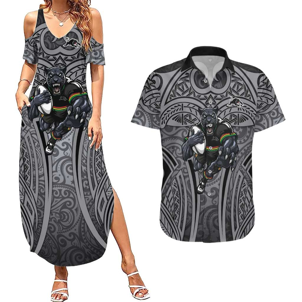 Penrith Panthers Rugby Couples Matching Summer Maxi Dress and Hawaiian Shirt Polynesian Tribal Panther Warrior Black Grey Pattern