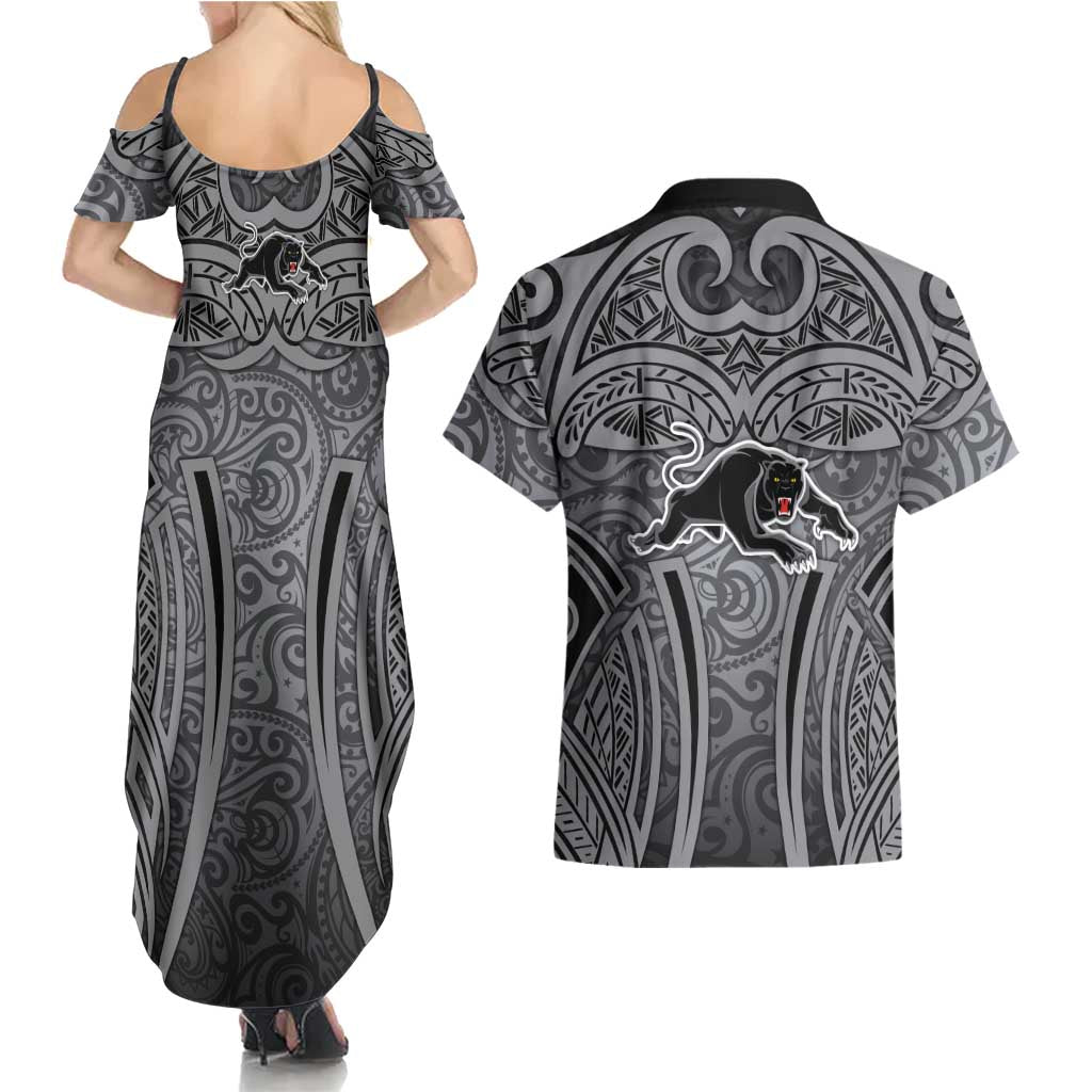 Penrith Panthers Rugby Couples Matching Summer Maxi Dress and Hawaiian Shirt Polynesian Tribal Panther Warrior Black Grey Pattern