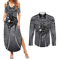 Penrith Panthers Rugby Couples Matching Summer Maxi Dress and Long Sleeve Button Shirt Polynesian Tribal Panther Warrior Black Grey Pattern
