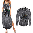 Penrith Panthers Rugby Couples Matching Summer Maxi Dress and Long Sleeve Button Shirt Polynesian Tribal Panther Warrior Black Grey Pattern