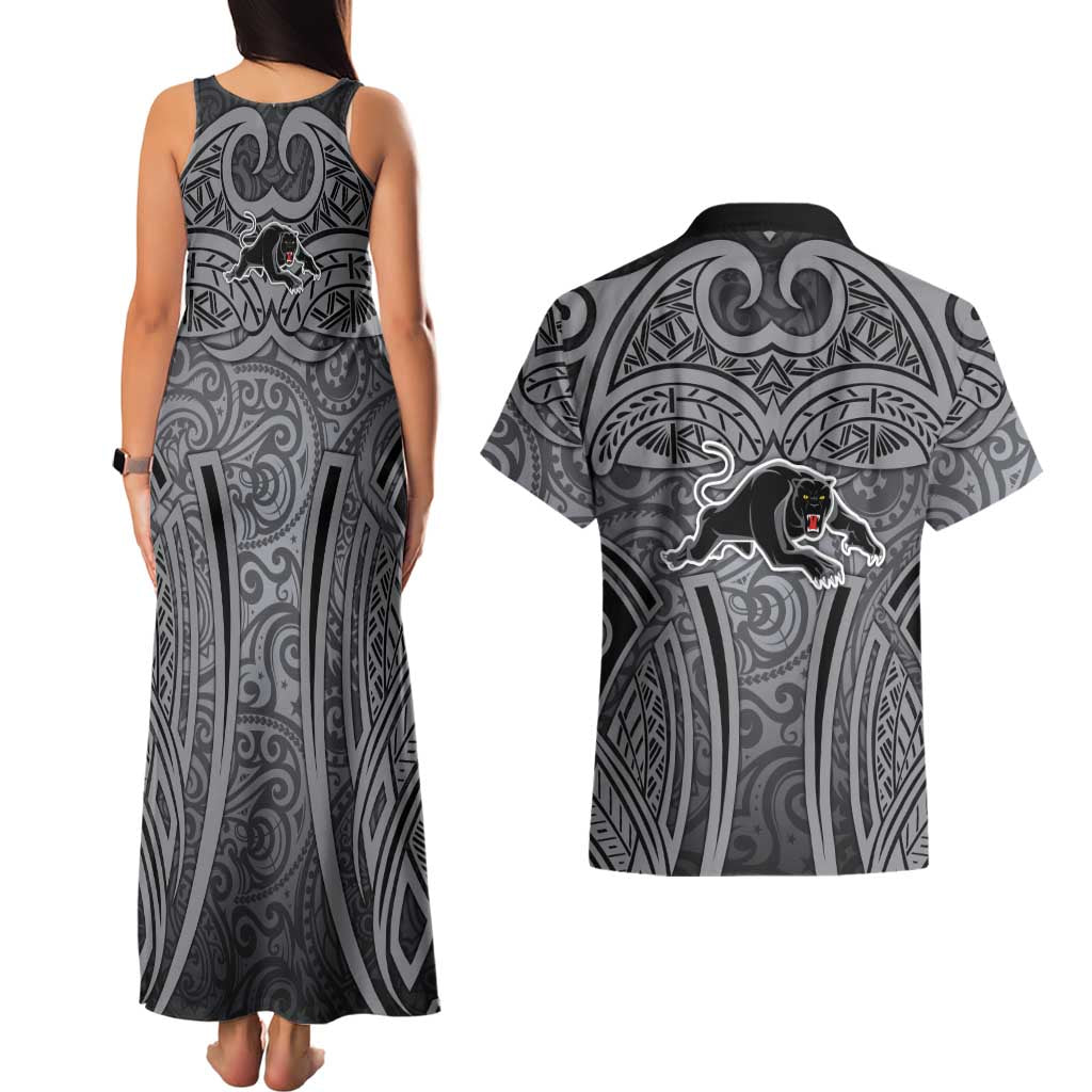 Penrith Panthers Rugby Couples Matching Tank Maxi Dress and Hawaiian Shirt Polynesian Tribal Panther Warrior Black Grey Pattern
