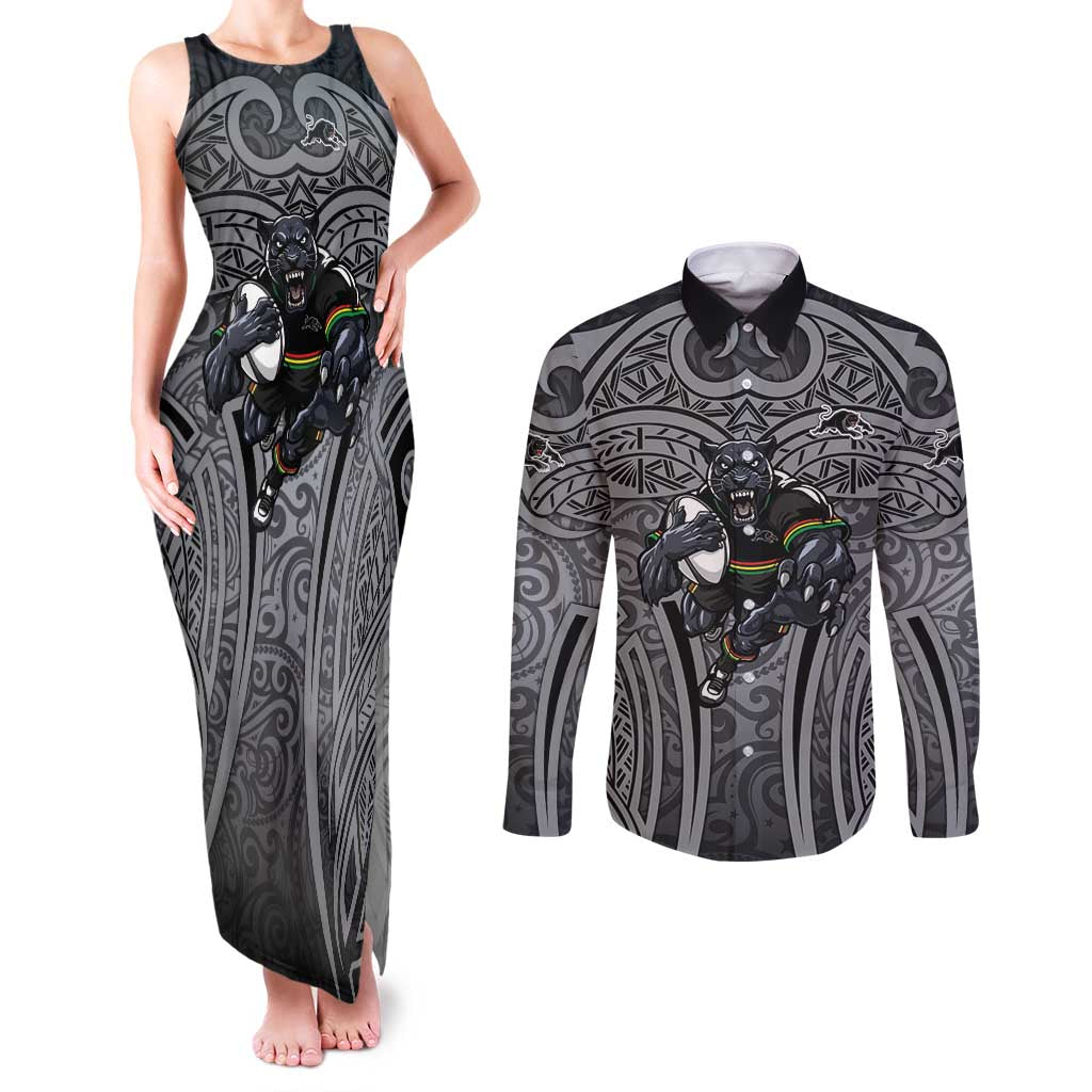 Penrith Panthers Rugby Couples Matching Tank Maxi Dress and Long Sleeve Button Shirt Polynesian Tribal Panther Warrior Black Grey Pattern