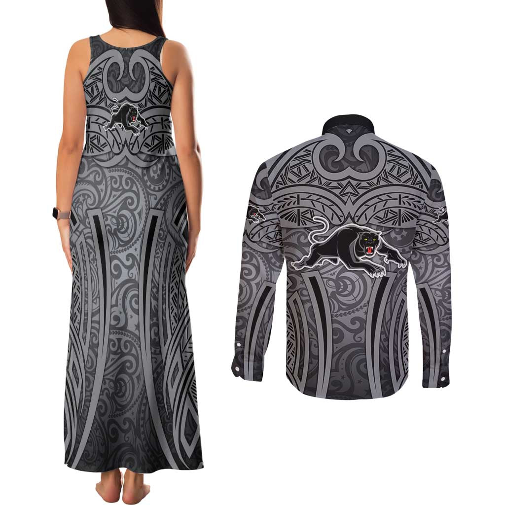 Penrith Panthers Rugby Couples Matching Tank Maxi Dress and Long Sleeve Button Shirt Polynesian Tribal Panther Warrior Black Grey Pattern