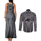 Penrith Panthers Rugby Couples Matching Tank Maxi Dress and Long Sleeve Button Shirt Polynesian Tribal Panther Warrior Black Grey Pattern