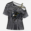 Penrith Panthers Rugby Cross Shoulder Shirt Polynesian Tribal Panther Warrior Black Grey Pattern
