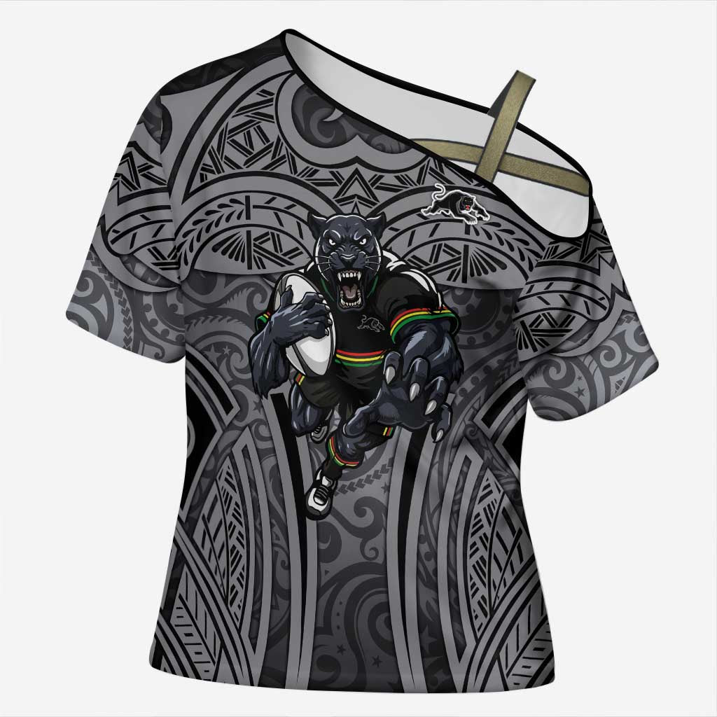 Penrith Panthers Rugby Cross Shoulder Shirt Polynesian Tribal Panther Warrior Black Grey Pattern