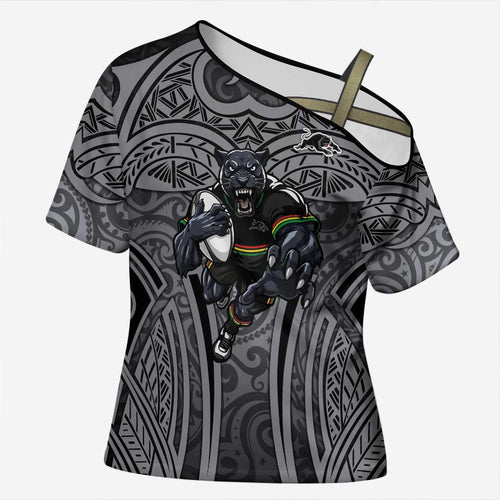 Penrith Panthers Rugby Cross Shoulder Shirt Polynesian Tribal Panther Warrior Black Grey Pattern