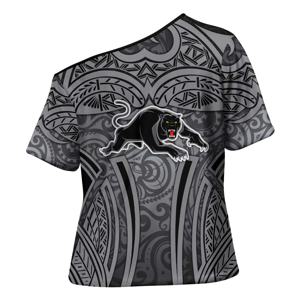 Penrith Panthers Rugby Cross Shoulder Shirt Polynesian Tribal Panther Warrior Black Grey Pattern
