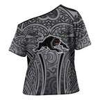 Penrith Panthers Rugby Cross Shoulder Shirt Polynesian Tribal Panther Warrior Black Grey Pattern