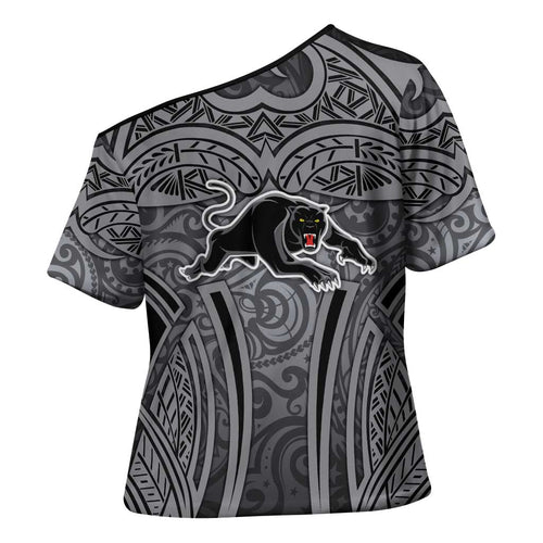 Penrith Panthers Rugby Cross Shoulder Shirt Polynesian Tribal Panther Warrior Black Grey Pattern