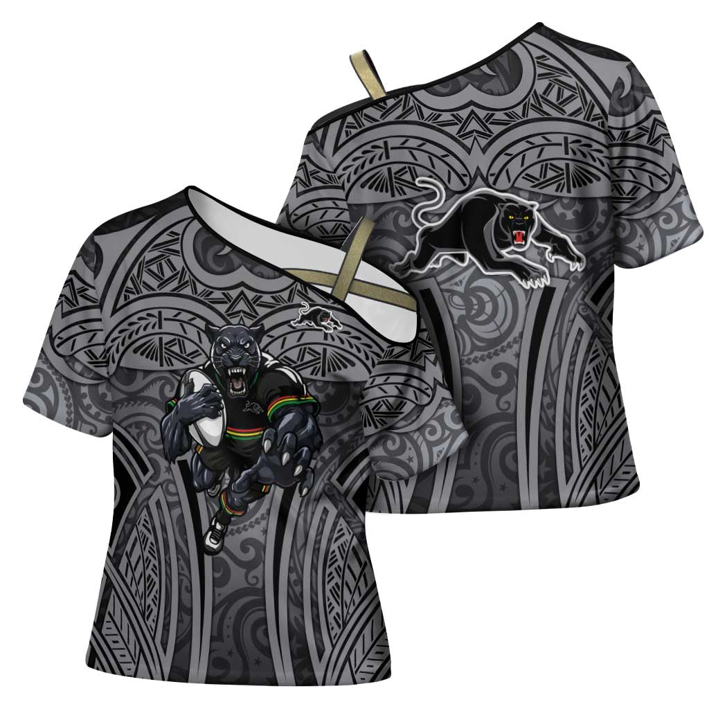 Penrith Panthers Rugby Cross Shoulder Shirt Polynesian Tribal Panther Warrior Black Grey Pattern
