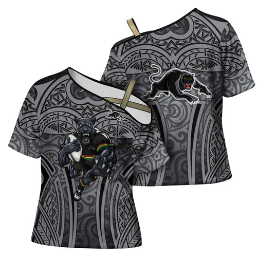 Penrith Panthers Rugby Cross Shoulder Shirt Polynesian Tribal Panther Warrior Black Grey Pattern