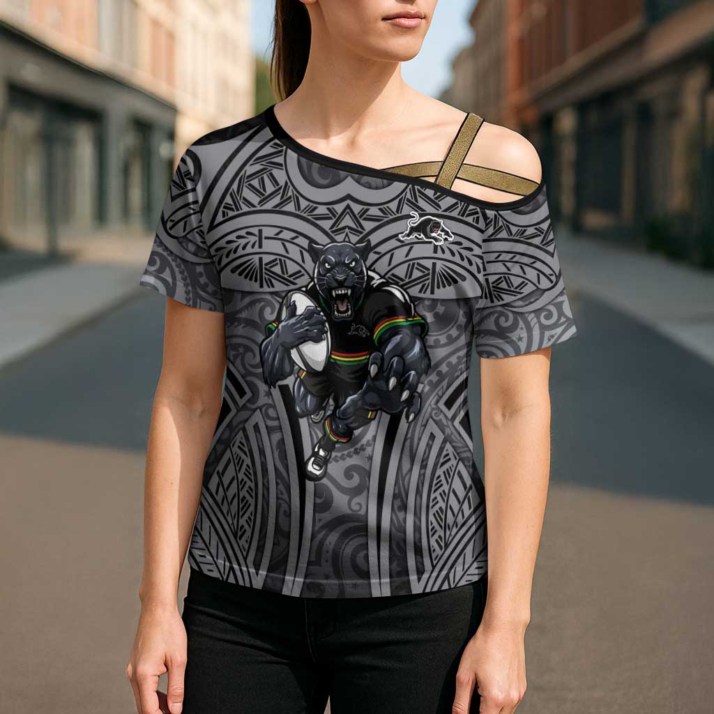 Penrith Panthers Rugby Cross Shoulder Shirt Polynesian Tribal Panther Warrior Black Grey Pattern