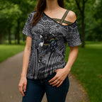 Penrith Panthers Rugby Cross Shoulder Shirt Polynesian Tribal Panther Warrior Black Grey Pattern