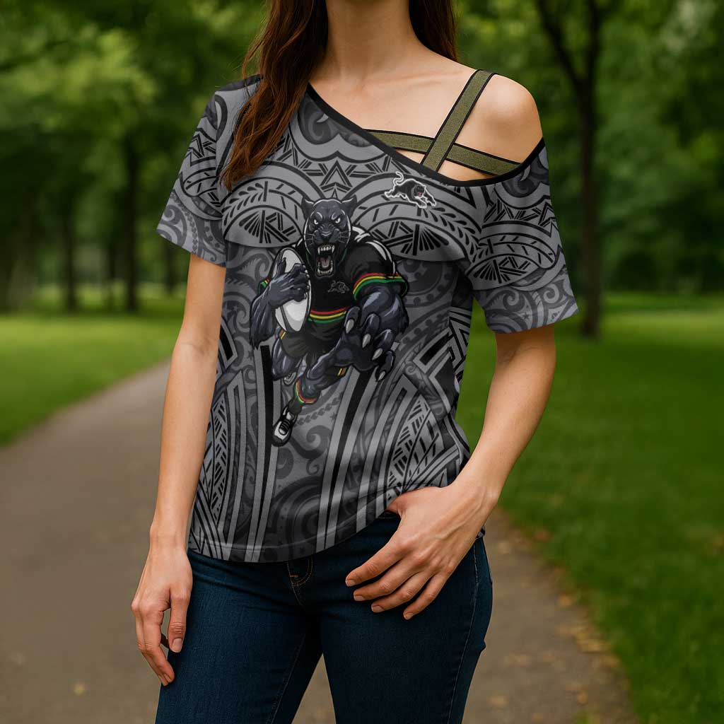 Penrith Panthers Rugby Cross Shoulder Shirt Polynesian Tribal Panther Warrior Black Grey Pattern