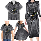 Penrith Panthers Rugby Family Matching Long Sleeve Bodycon Dress and Hawaiian Shirt Polynesian Tribal Panther Warrior Black Grey Pattern