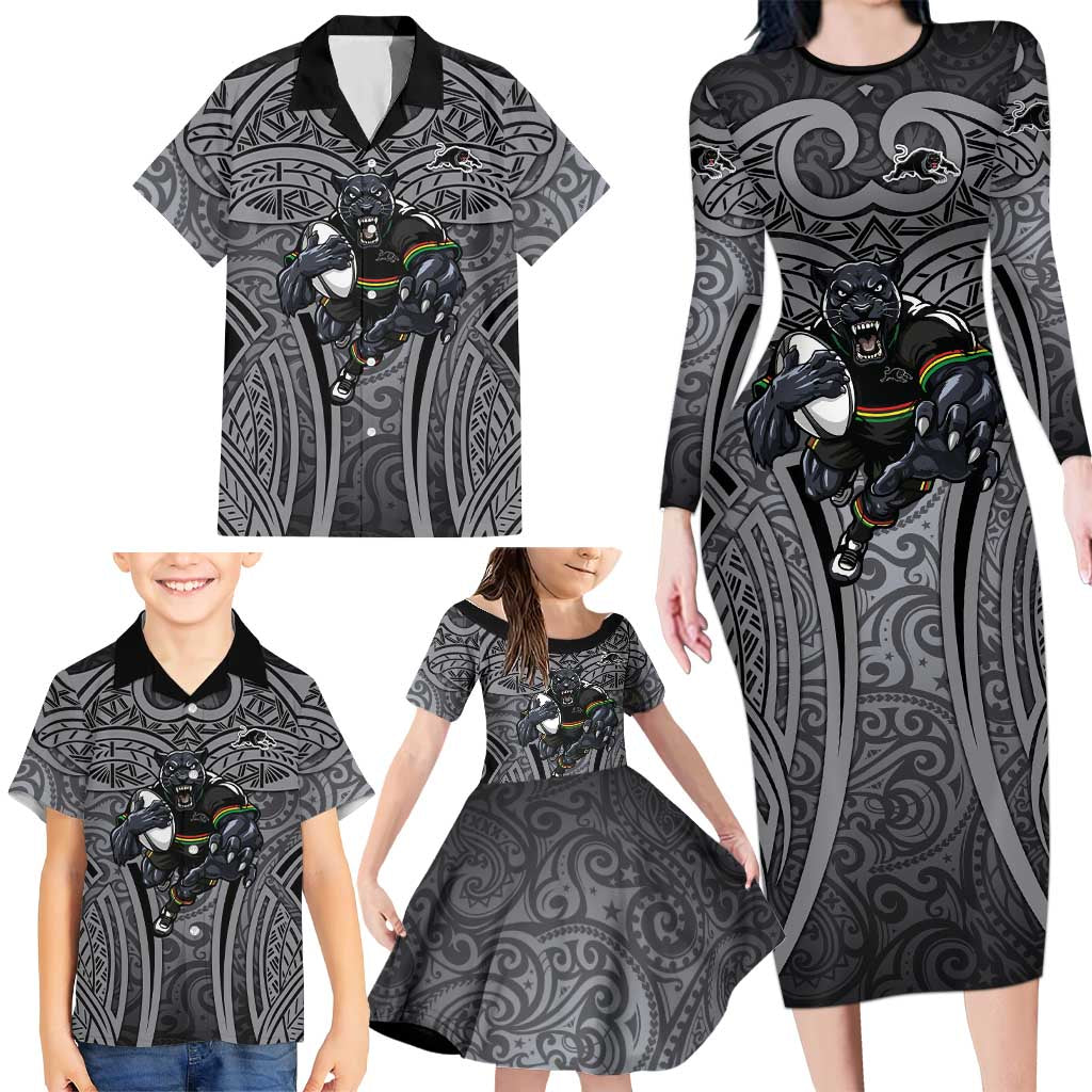 Penrith Panthers Rugby Family Matching Long Sleeve Bodycon Dress and Hawaiian Shirt Polynesian Tribal Panther Warrior Black Grey Pattern