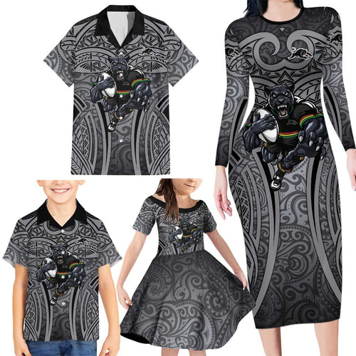 Penrith Panthers Rugby Family Matching Long Sleeve Bodycon Dress and Hawaiian Shirt Polynesian Tribal Panther Warrior Black Grey Pattern