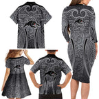 Penrith Panthers Rugby Family Matching Long Sleeve Bodycon Dress and Hawaiian Shirt Polynesian Tribal Panther Warrior Black Grey Pattern