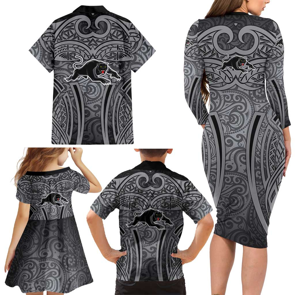 Penrith Panthers Rugby Family Matching Long Sleeve Bodycon Dress and Hawaiian Shirt Polynesian Tribal Panther Warrior Black Grey Pattern