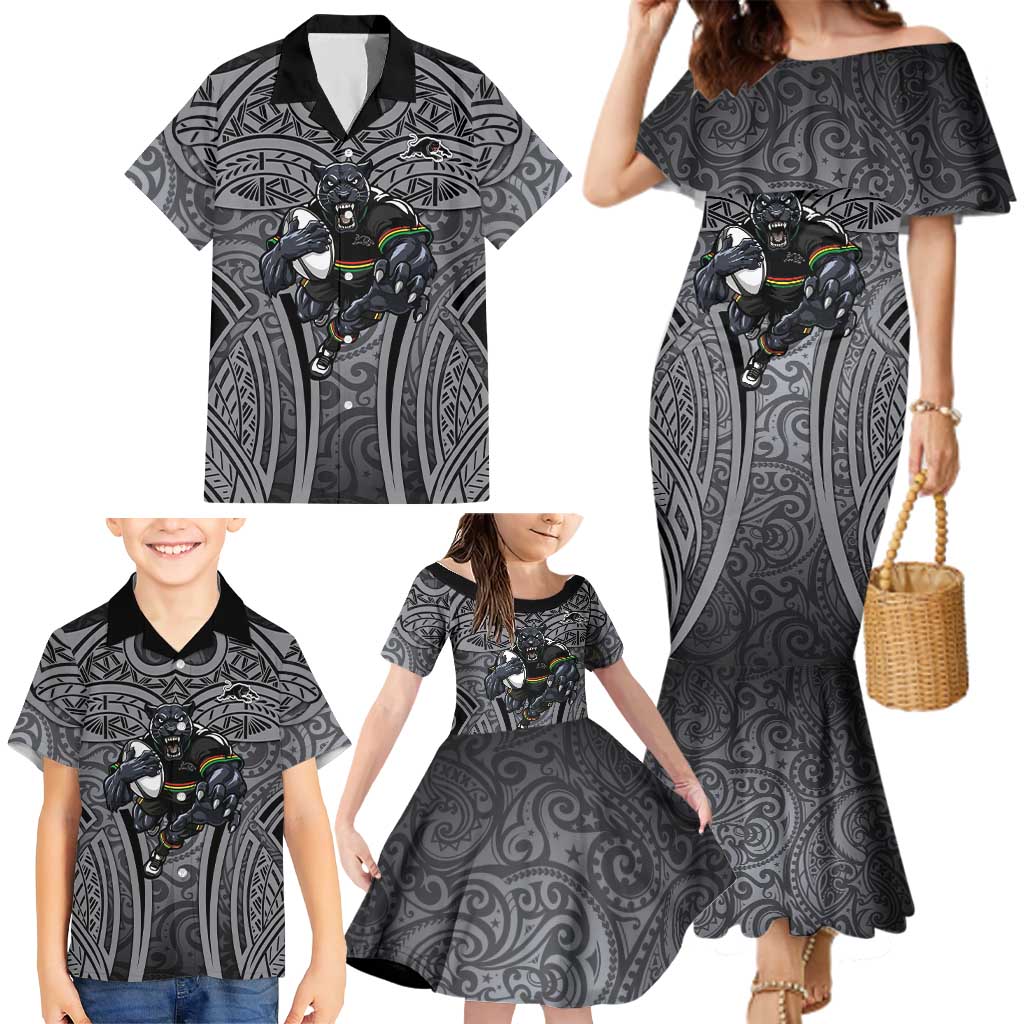Penrith Panthers Rugby Family Matching Mermaid Dress and Hawaiian Shirt Polynesian Tribal Panther Warrior Black Grey Pattern