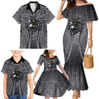 Penrith Panthers Rugby Family Matching Mermaid Dress and Hawaiian Shirt Polynesian Tribal Panther Warrior Black Grey Pattern
