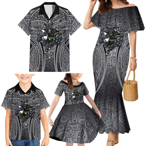 Penrith Panthers Rugby Family Matching Mermaid Dress and Hawaiian Shirt Polynesian Tribal Panther Warrior Black Grey Pattern
