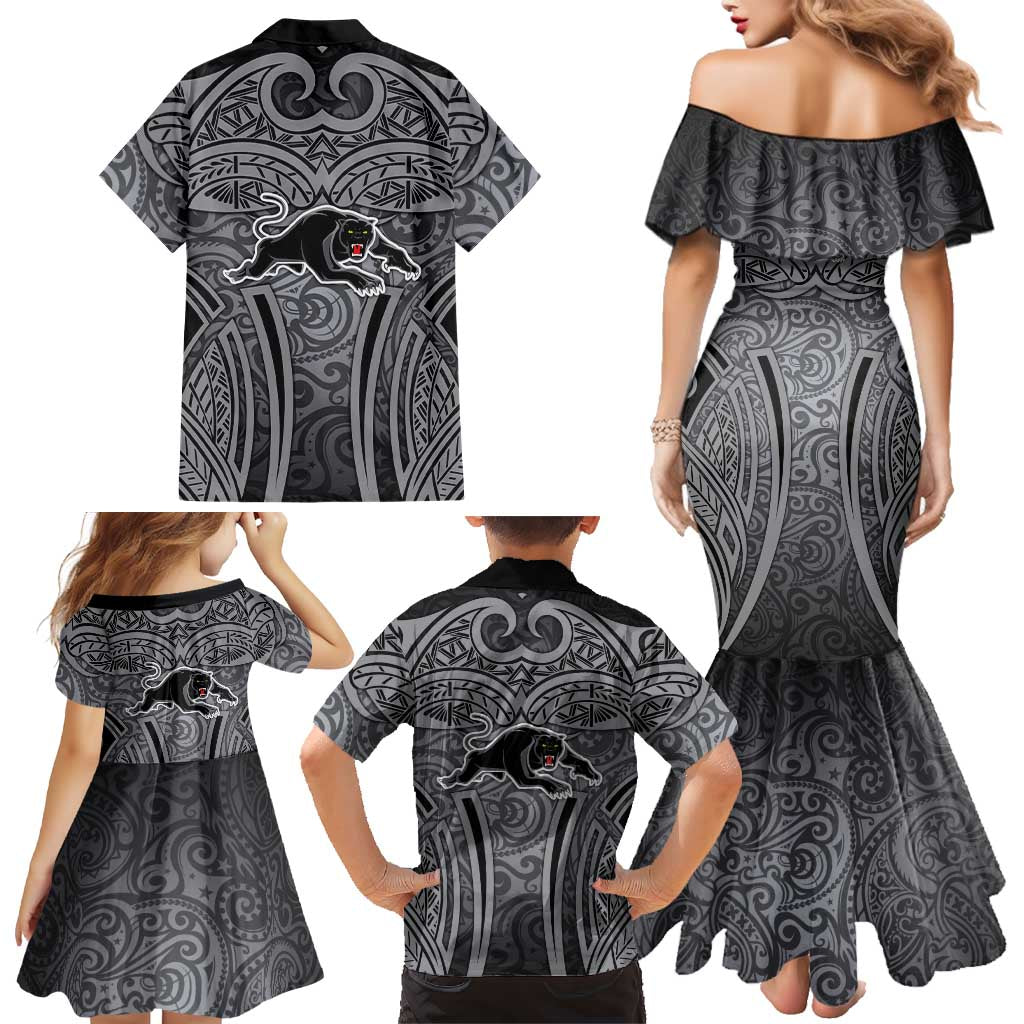 Penrith Panthers Rugby Family Matching Mermaid Dress and Hawaiian Shirt Polynesian Tribal Panther Warrior Black Grey Pattern