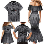 Penrith Panthers Rugby Family Matching Mermaid Dress and Hawaiian Shirt Polynesian Tribal Panther Warrior Black Grey Pattern