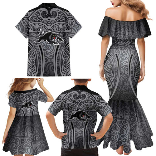 Penrith Panthers Rugby Family Matching Mermaid Dress and Hawaiian Shirt Polynesian Tribal Panther Warrior Black Grey Pattern