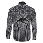 Penrith Panthers Rugby Family Matching Mermaid Dress and Hawaiian Shirt Polynesian Tribal Panther Warrior Black Grey Pattern