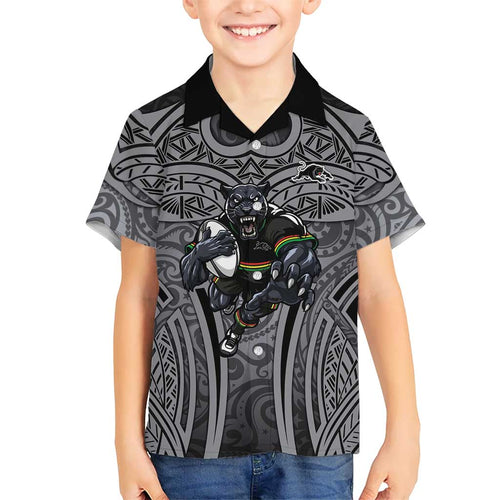 Penrith Panthers Rugby Family Matching Mermaid Dress and Hawaiian Shirt Polynesian Tribal Panther Warrior Black Grey Pattern