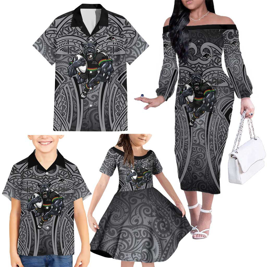 Penrith Panthers Rugby Family Matching Off The Shoulder Long Sleeve Dress and Hawaiian Shirt Polynesian Tribal Panther Warrior Black Grey Pattern